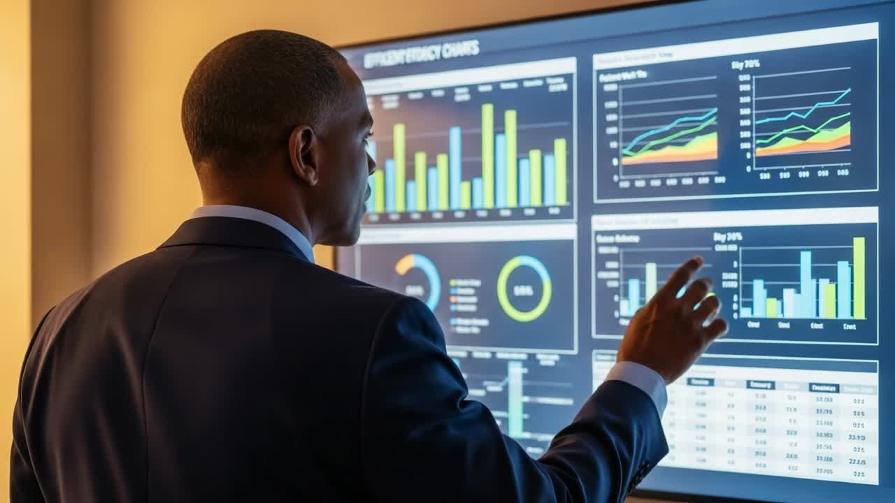 Analyzing Key Performance Indicators: A Professional in Business Attire Engages with an Interactive Data Dashboard Displaying Metrics for Enhanced Decision-Making and Strategic Insights