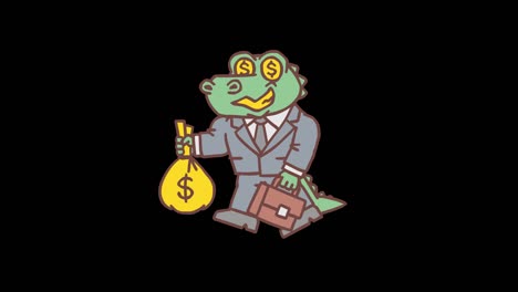 personaje de cocodrilo sosteniendo un maletín y una bolsa con dinero. animación cuadro por cuadro. canal alfa