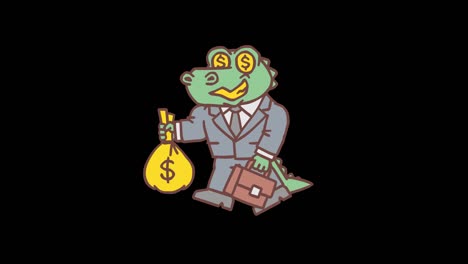 alligator character holding briefcase and bag with money. frame by frame animation. alpha channel