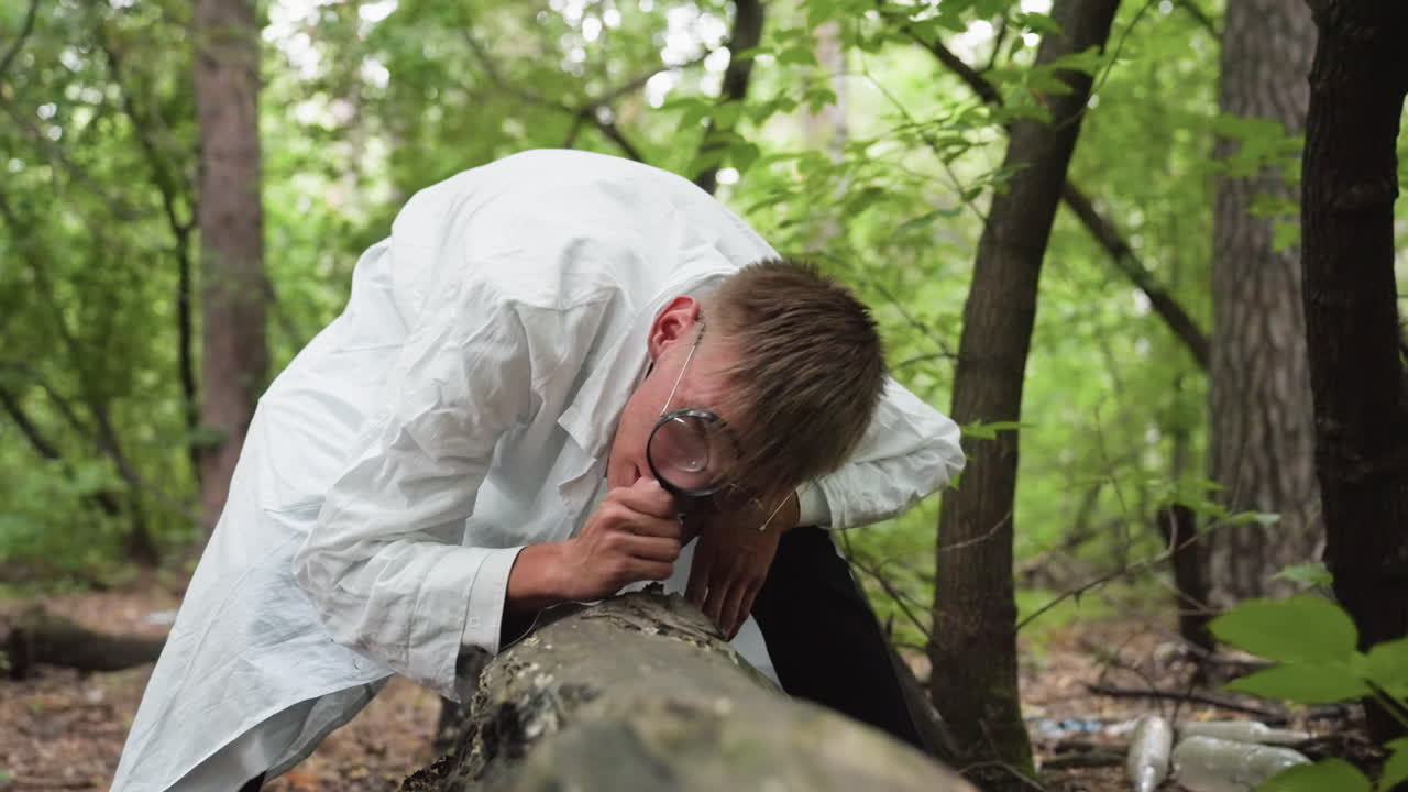 Biologist in white lab coat bending over fallen stump using microscope for close observation in dense forest, carefully studying natural growth and ecological environment among woodland trees