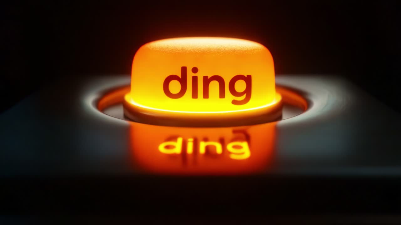 Illuminated Button with 'Ding' Text: A Closer Look at the Transition from Red to Yellow Light - Capturing the Vibrant Glow and Design of Notification Indicators
