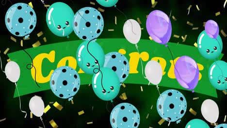 Animation-Von-Glückwunschtexten-über-Bunten-Luftballons-Und-Konfetti-Auf-Schwarzem-Hintergrund