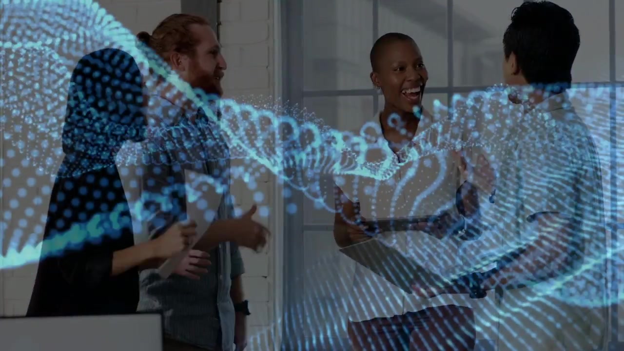 Business team sharing documents after tablet reveal while blue data wave overlay drifting over them
