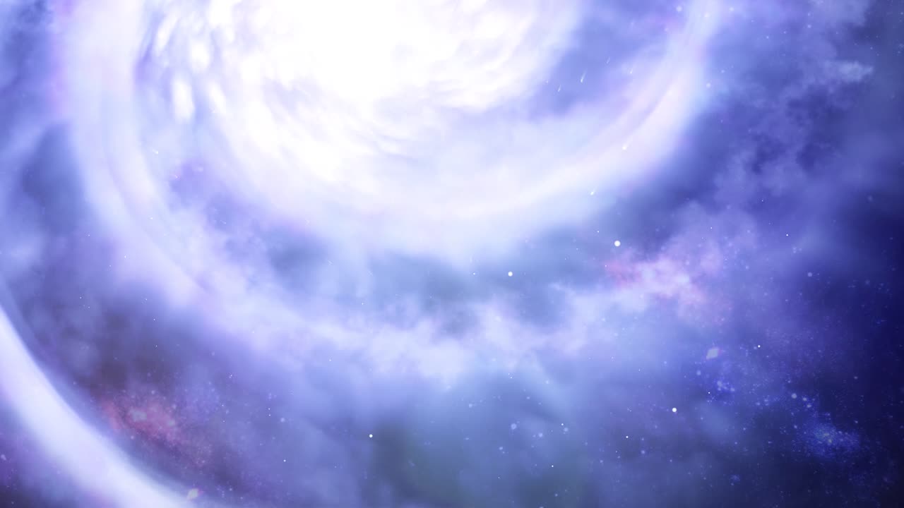 Amazing hyper realistic 4K animation of a galaxy. The camera flies over the spinning core revealing space dust, stars,  blue atmospheric haze and nebula like swirls