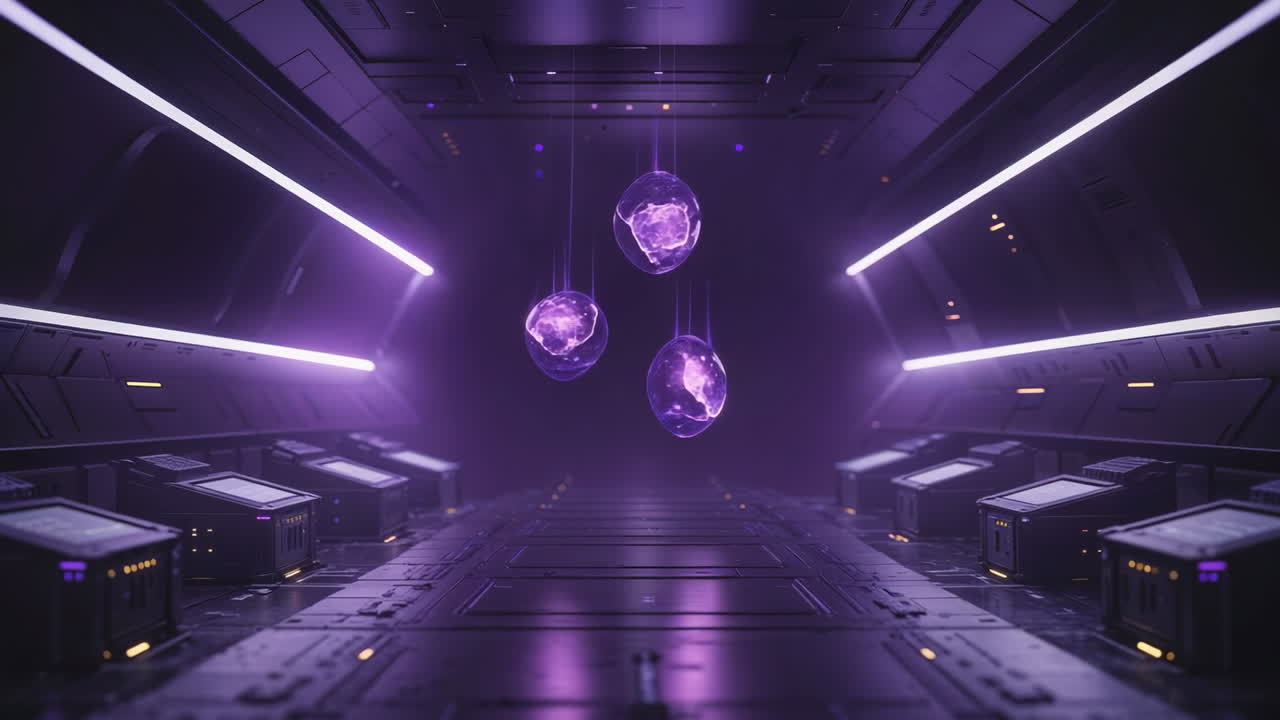 Futuristic Corridor with Glowing Purple Orbs