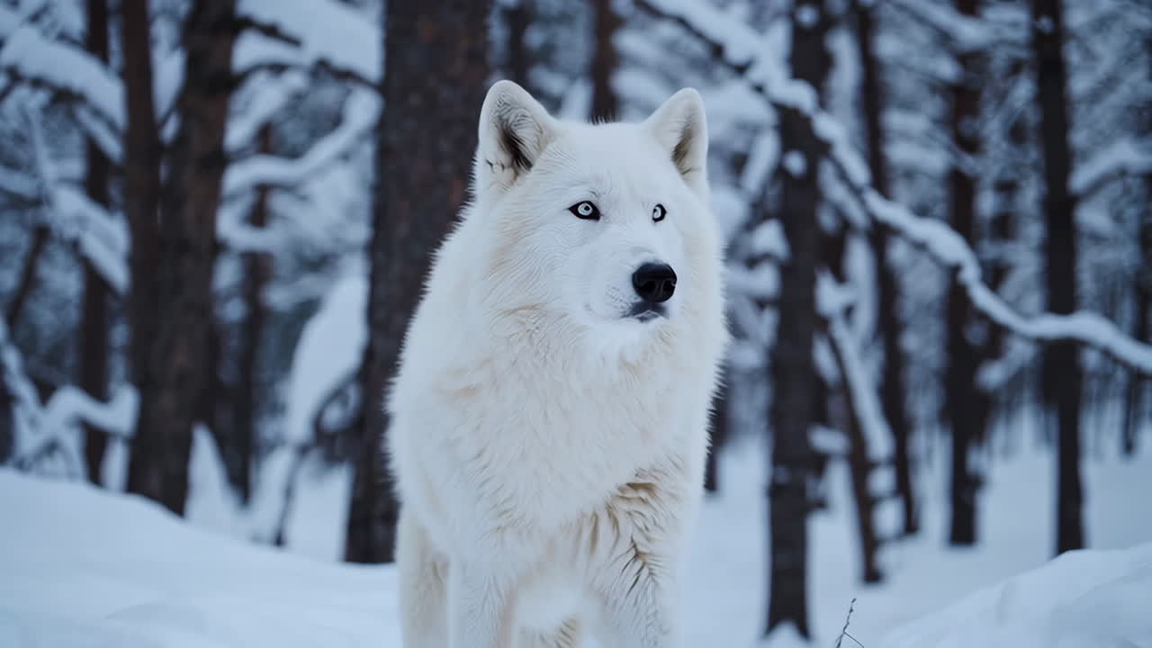 Majestic White Wolf in a Snowy Forest
