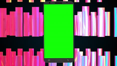 emergence of a smartphone with green screen against the background of iridescent rectangles. computer generated 3d render