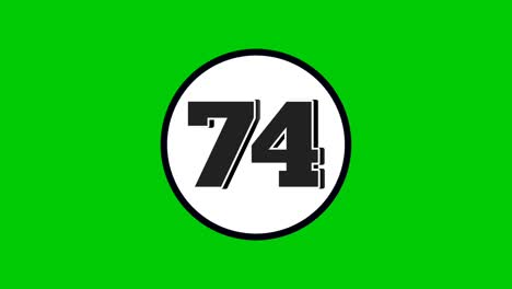 number 74 symbol sign animation motion graphics cartoon black color on green screen background.numbers in white circle suitable for video elements