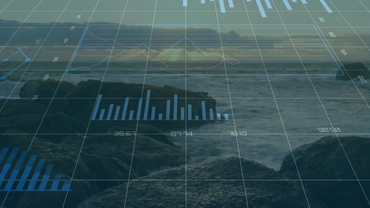 Grid overlay fading in causing bar, pie, ring and line charts showing data over dusk coastline