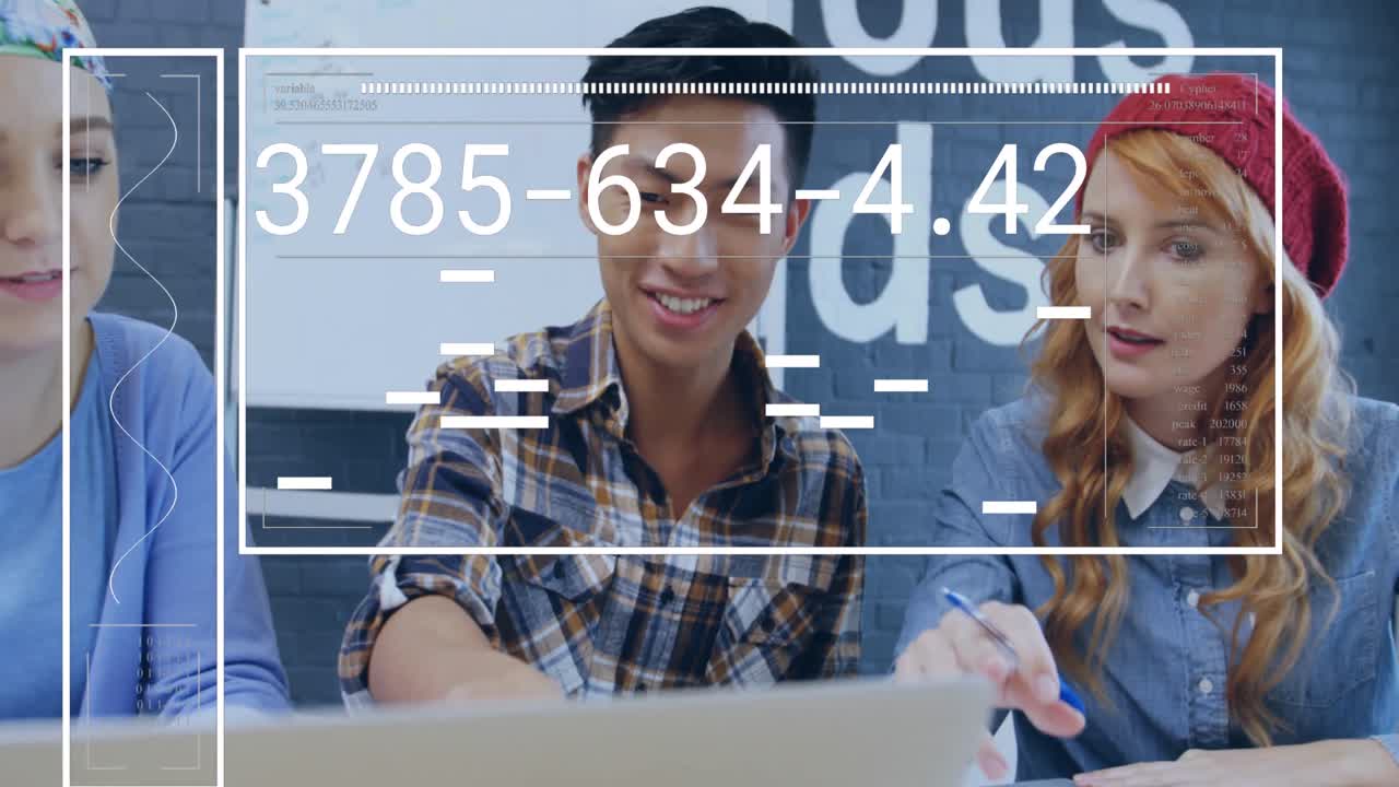 Animation of interface with data processing against team of diverse colleagues discussing at office