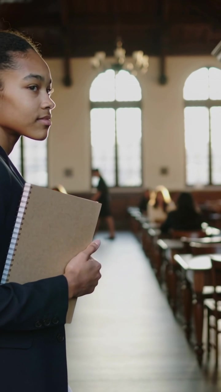 Vertical video: Turning girl in blazer holding folder reacting to walker in library, copy space