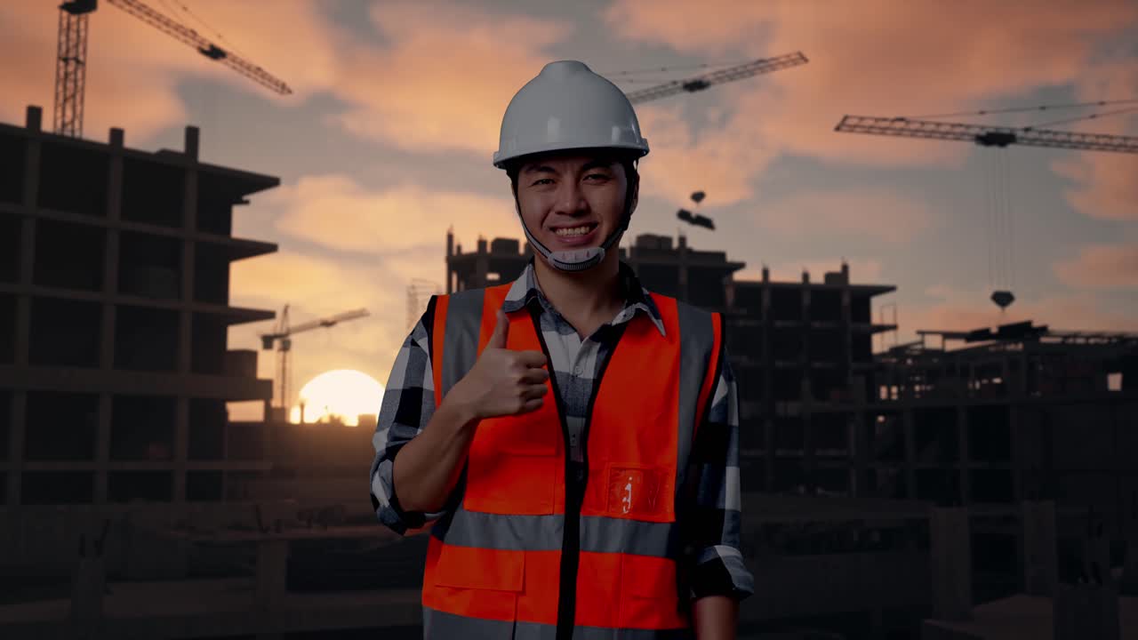 Asian Male Engineer With Safety Helmet Smiling And Showing Thumbs Up Gesture To The Camera While Standing At Building & Construction Site in Progress to New House