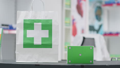 bolsa de suministros médicos con pastillas y pantalla verde que se muestra en la caja