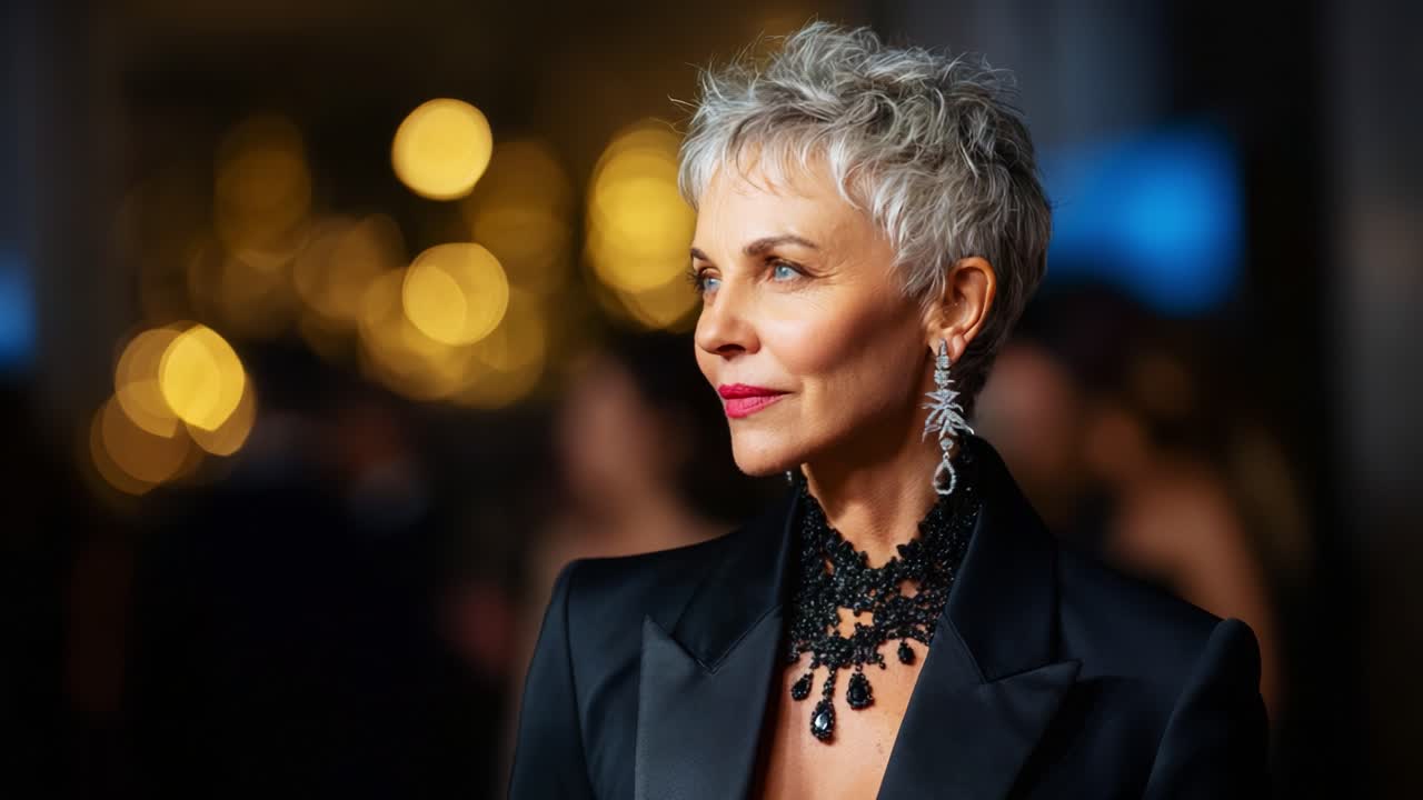 A Graceful Portrait of a Mature Woman in Elegant Attire with Chic Short Hair, Exuding Confidence and Poise Against a Blurred Background of Golden Bokeh Lights