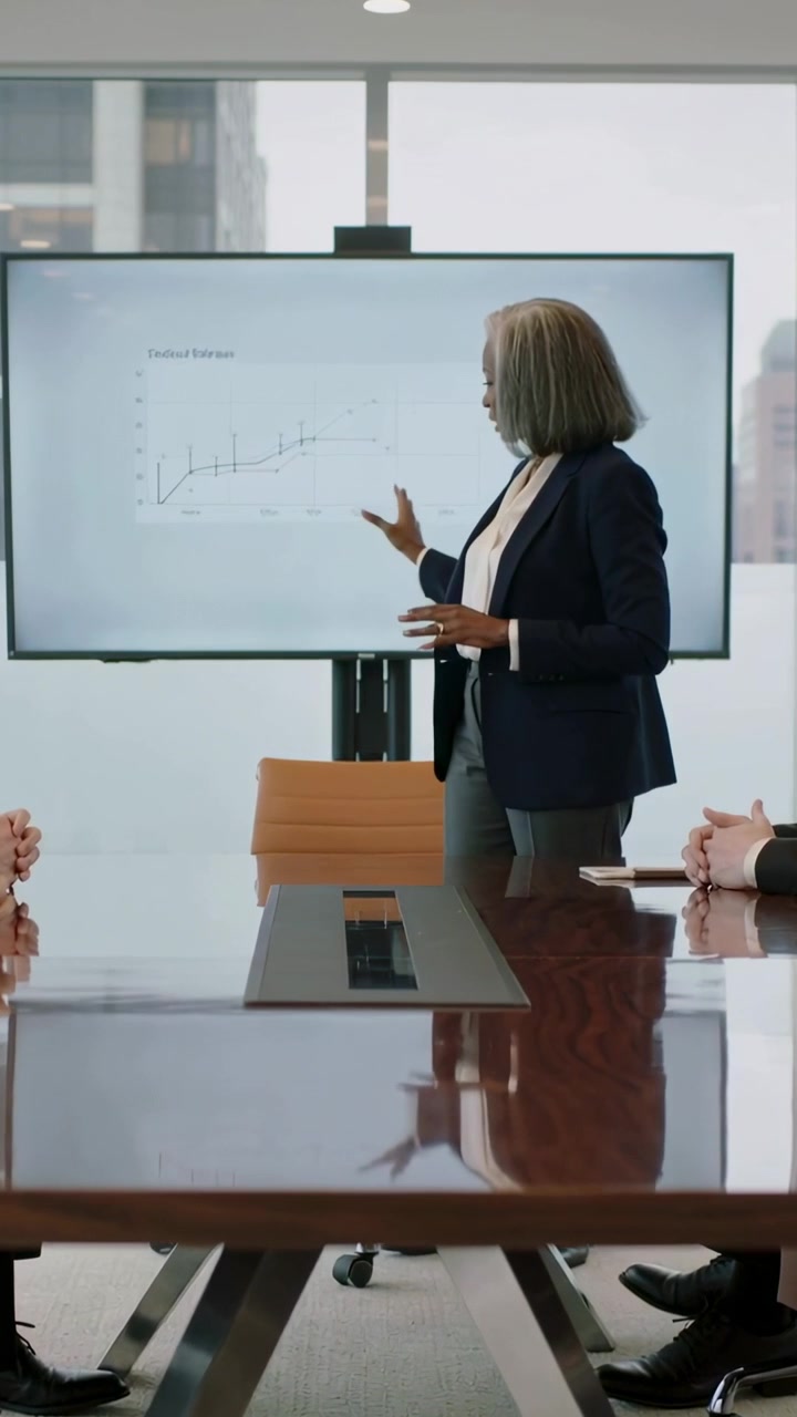 Video verticale: Leader che inizia una riunione in blazer blu scuro che indica un grafico che mostra una tendenza in ufficio.