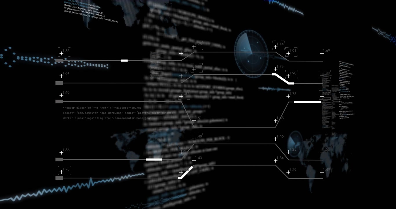 Black screen opening HUD rotating globe waveforms dimming revealing map silhouette showing data