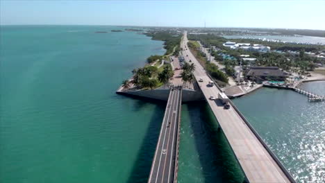 moving aerial drone shot of 7 mile bridge in florida keys