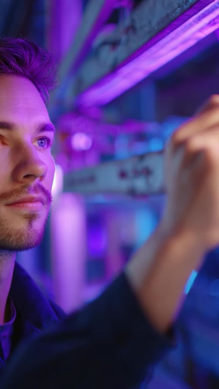 Close-Up of a Young Man Interacting with Colorful Neon Lights in a Modern Environment, Highlighting Technology, Creativity, and Aesthetic Ambiance