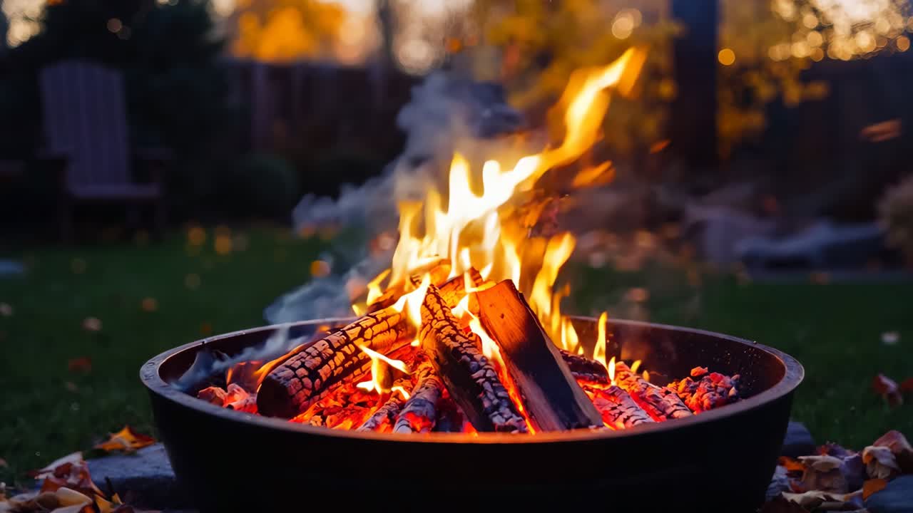 A fire pit in the middle of a yard with leaves on the ground