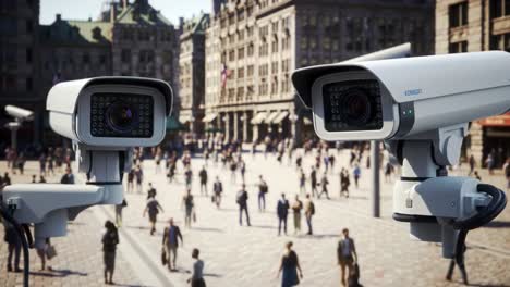 surveillance in action: a dynamic view of security cameras monitoring crowds in an urban environment amidst public spaces and daily life activities