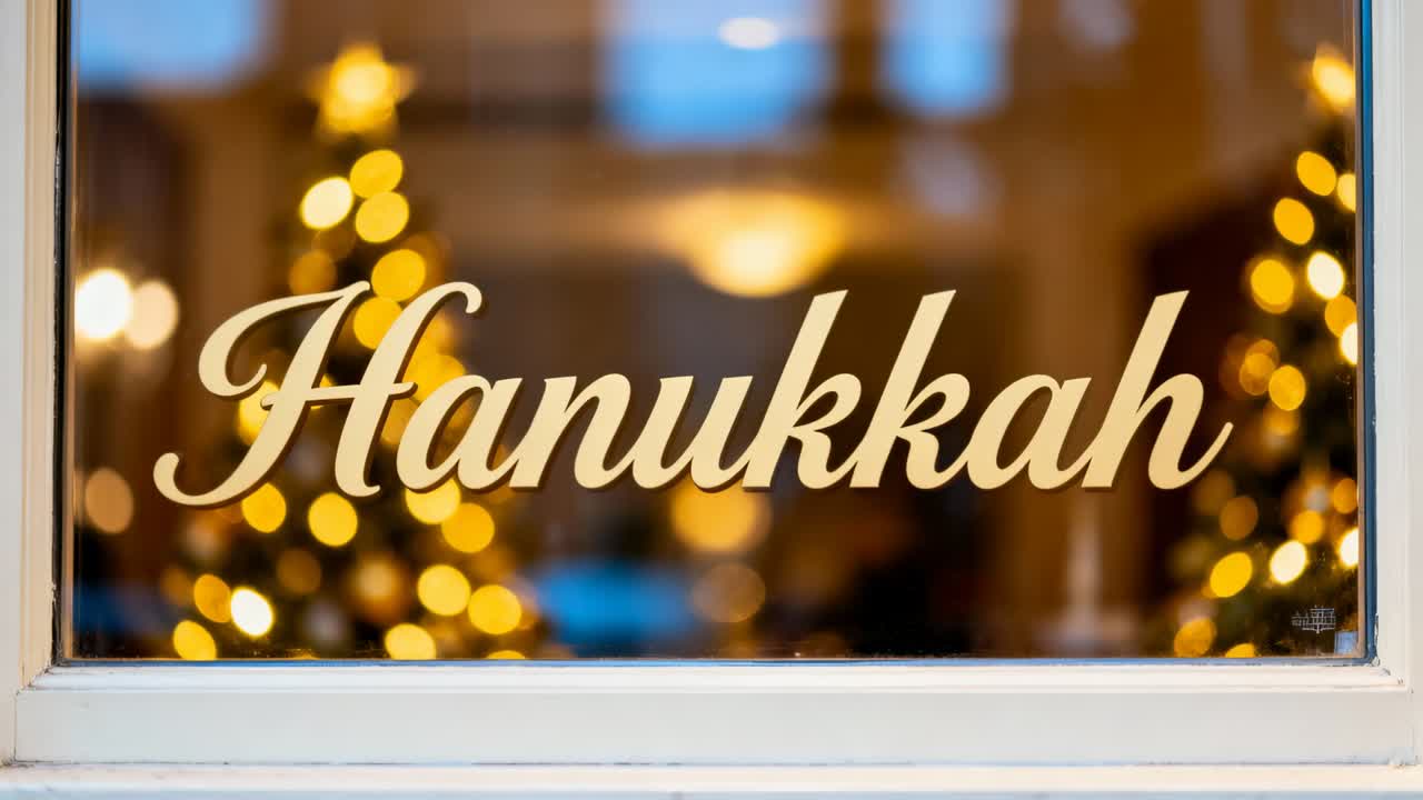 Pulling focus Hanukkah decal fading while camera showing room with trees and adults in coats