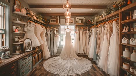 a bridal boutique filled with elegant wedding dresses