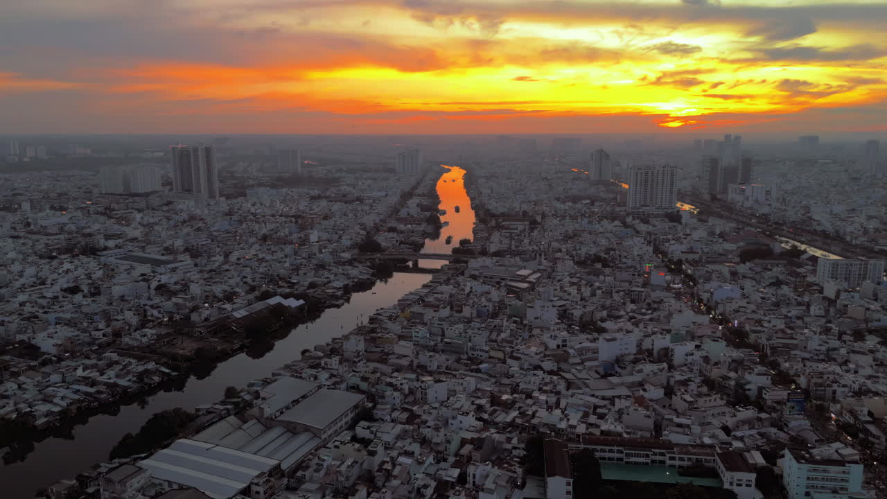 Dramatic crimson skyline views over a bustling metropolis. Stunning footage for your creative projects