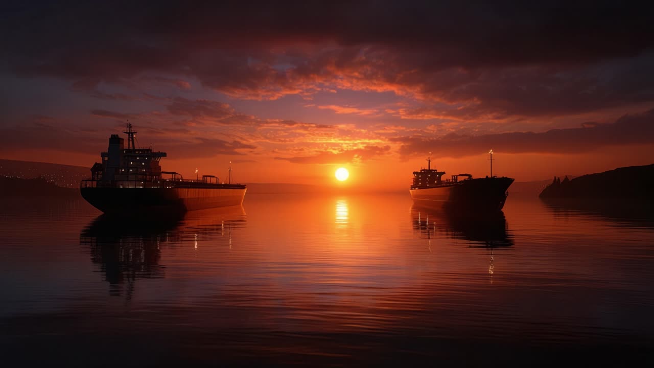 Sunset glows over calm water with two cargo ships. Silhouettes reflect warmly on still surface. Sky blends orange, red, and dark clouds. Peaceful, serene scene ideal for travel or maritime themes