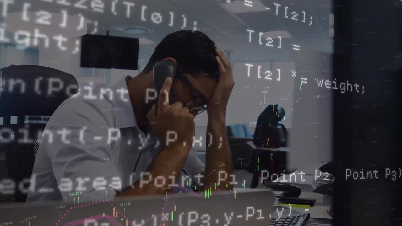 Animation of financial data processing over businessman using phone headset in office