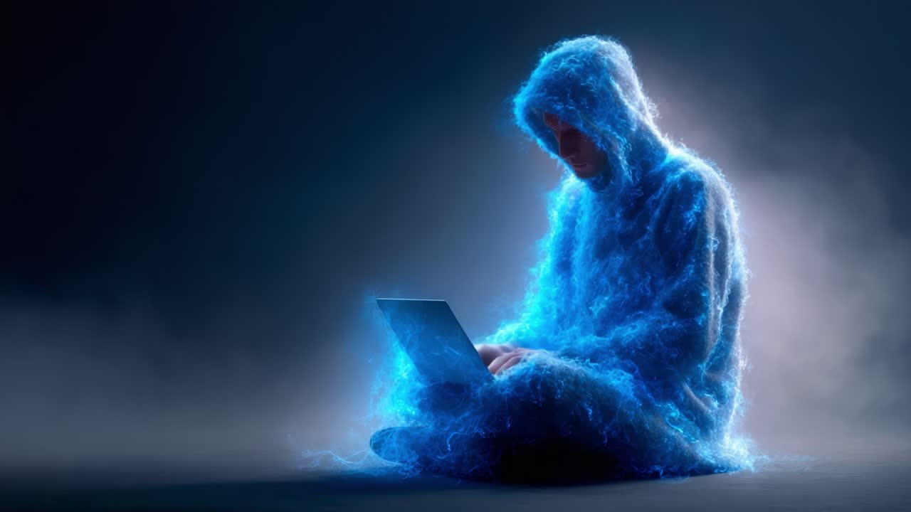 A digital wizard immersed in a neon blue glow, engaged with a laptop, symbolizes the intersection of technology and creativity in a futuristic virtual environment