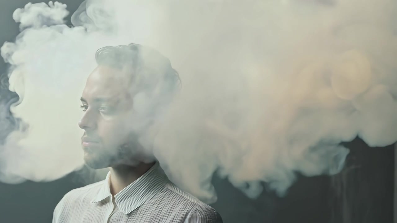 彼の頭の周りの濃い煙が晴れて現れる男性の顔