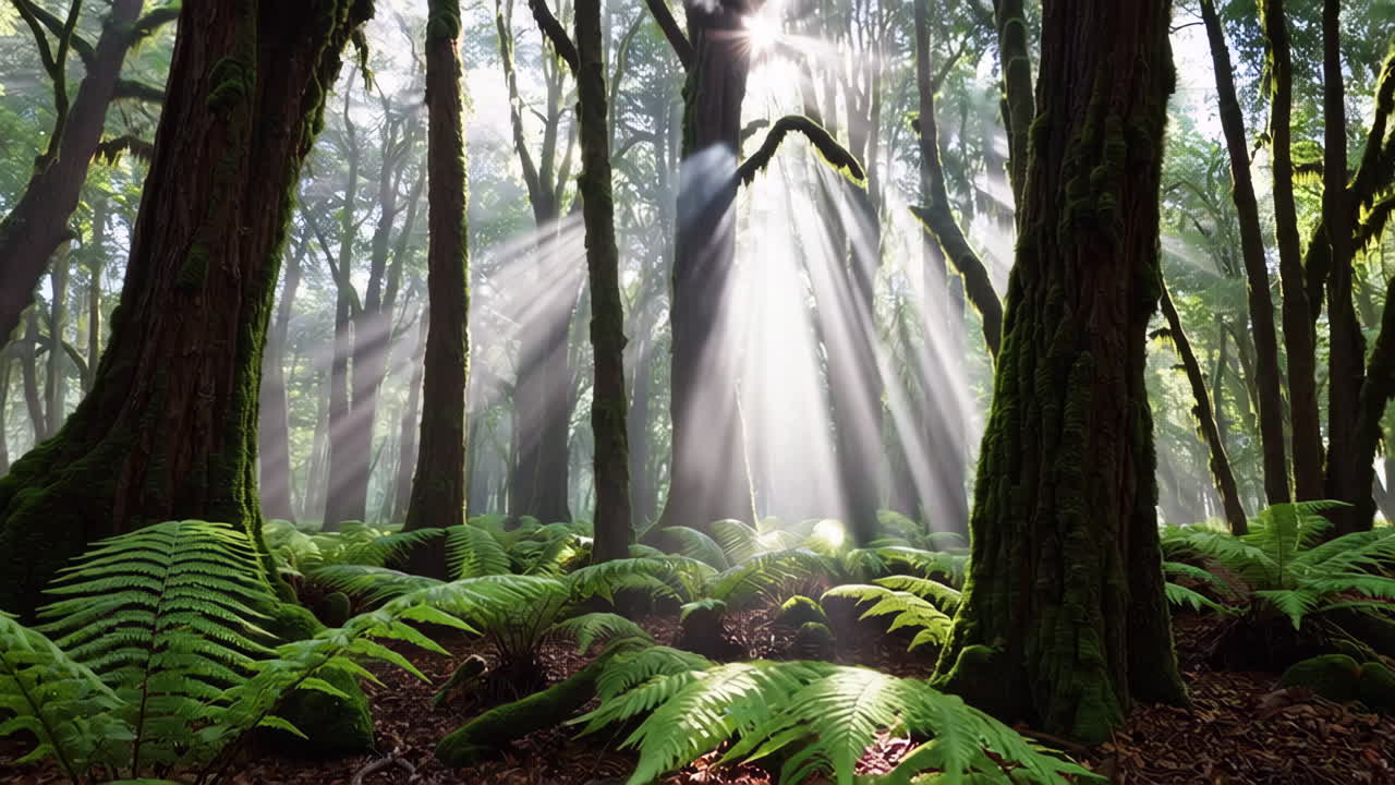 Sunlight Piercing Through a Lush Forest with Ferns