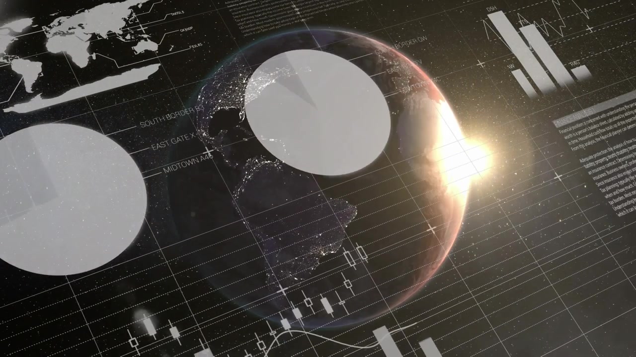 Animation of infographic interface over rotating globe against illuminated object in space