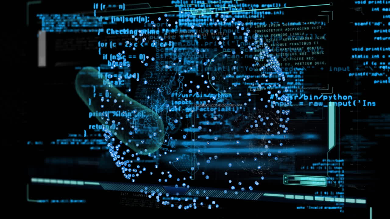 Digital data and molecular structure animation over programming code and interface