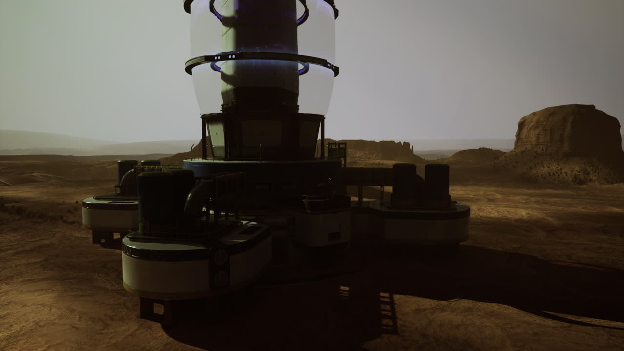Futuristic research facility on mars during dusk with dramatic shadows