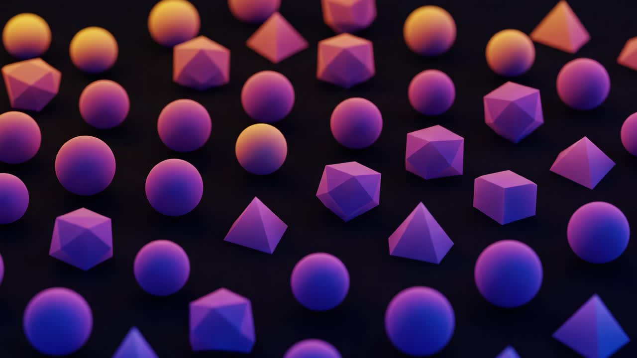 A Dynamic Display of Geometric Shapes: A Colorful Arrangement of Spheres, Cubes, and Pyramids Transitions from Vibrant Purple to Bright Yellow