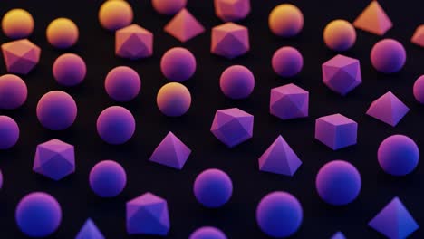 a dynamic display of geometric shapes: a colorful arrangement of spheres, cubes, and pyramids transitions from vibrant purple to bright yellow