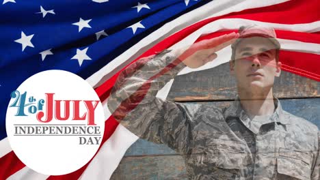 animation of 4th of july independence day text with male soldier saluting over american flag