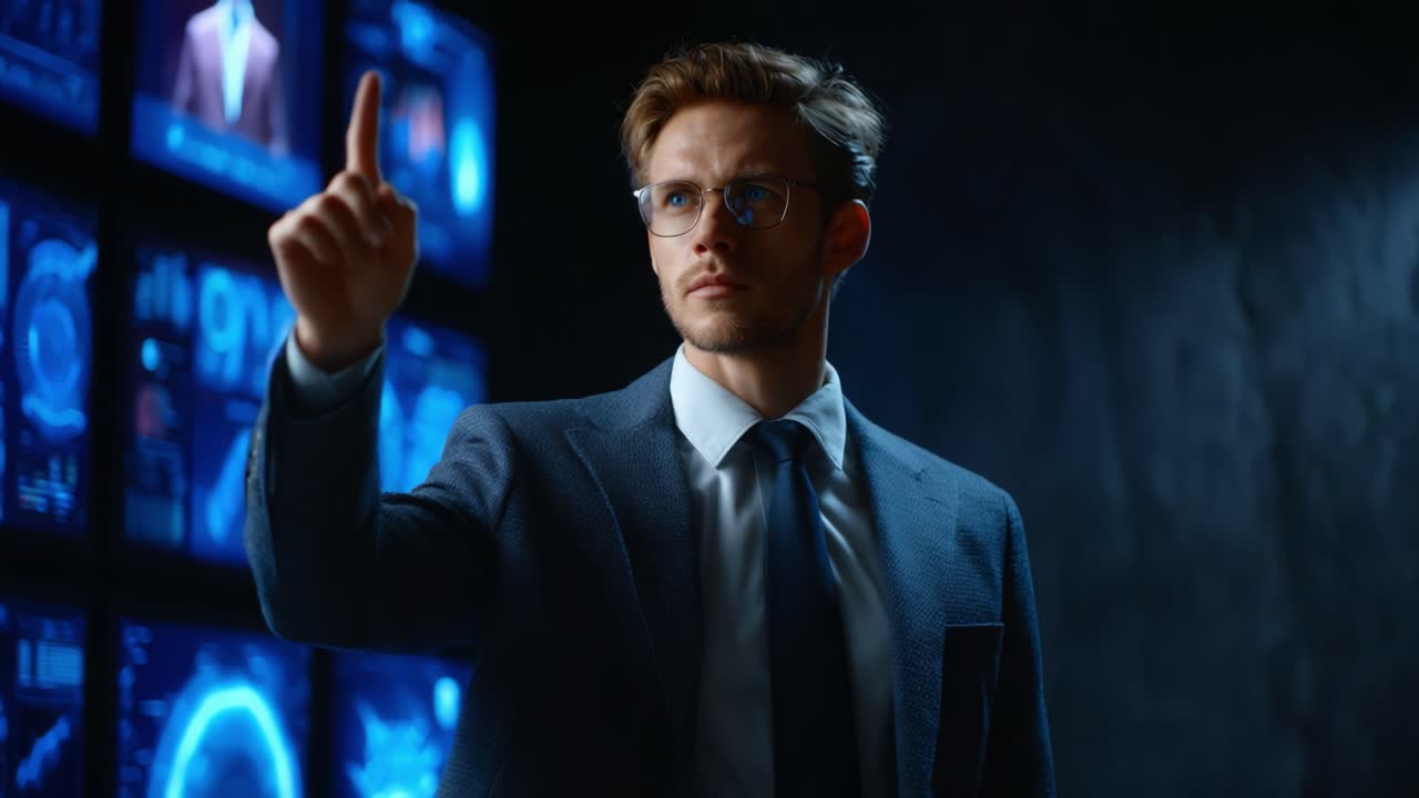 A Professional Individual Engaging with Advanced Digital Displays, Demonstrating Analytical Skills and Strategic Thinking in a High-Tech Environment