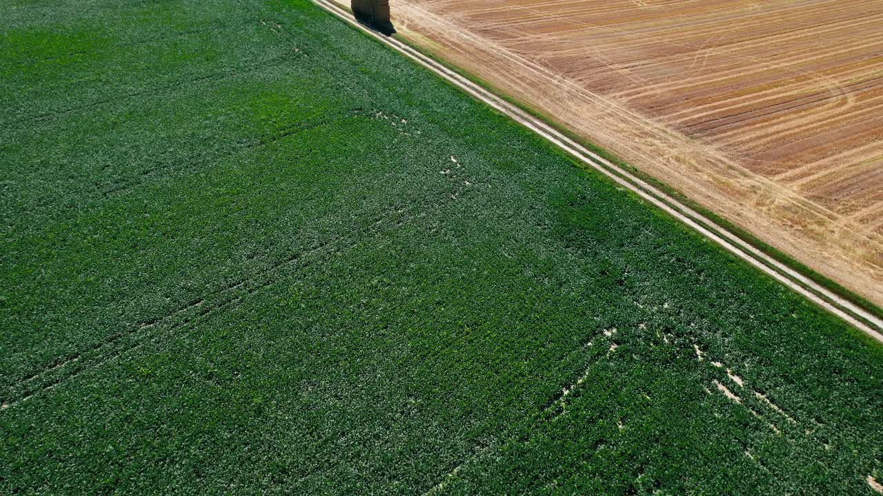 fardos de heno apilados al lado de la carretera rural vacía, vista de drones