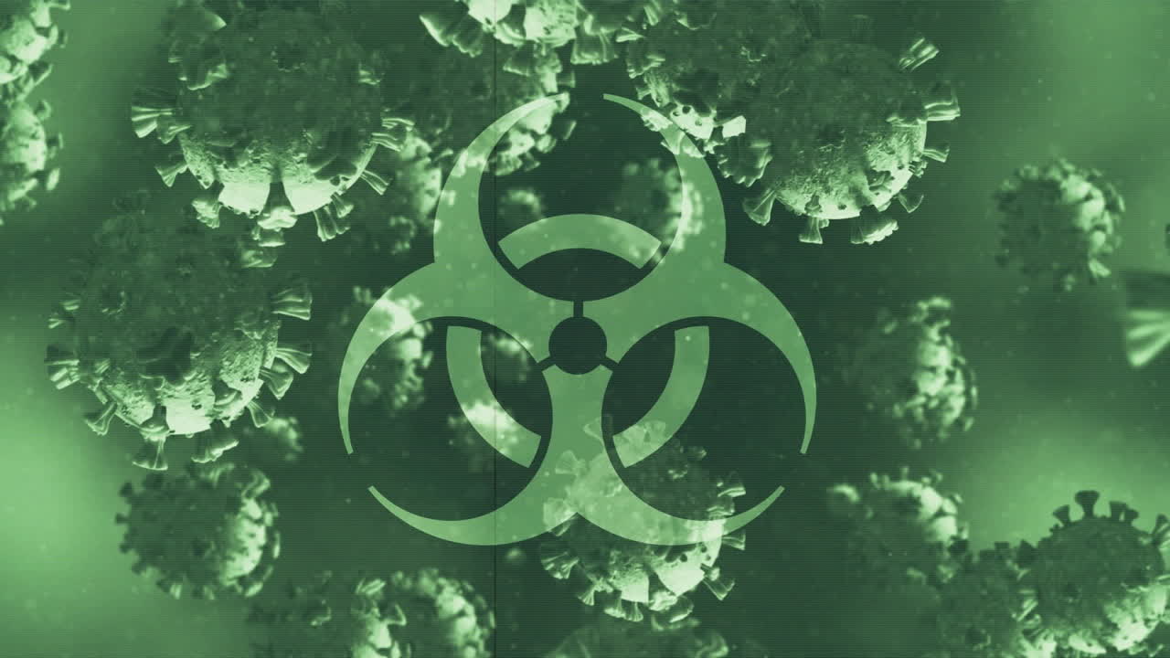 animación de las células de covid-19 volando sobre el canto de advertencia