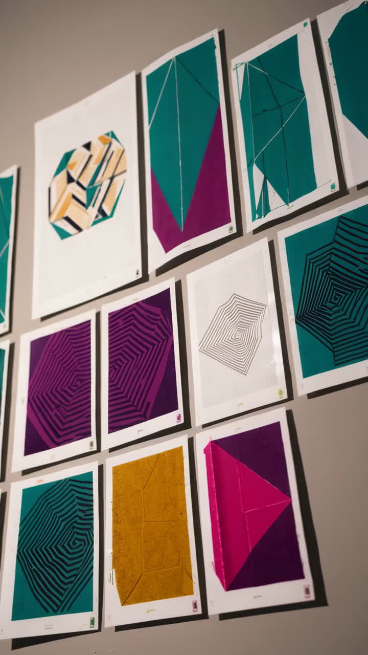 A collection of abstract geometric art prints displayed on a wall