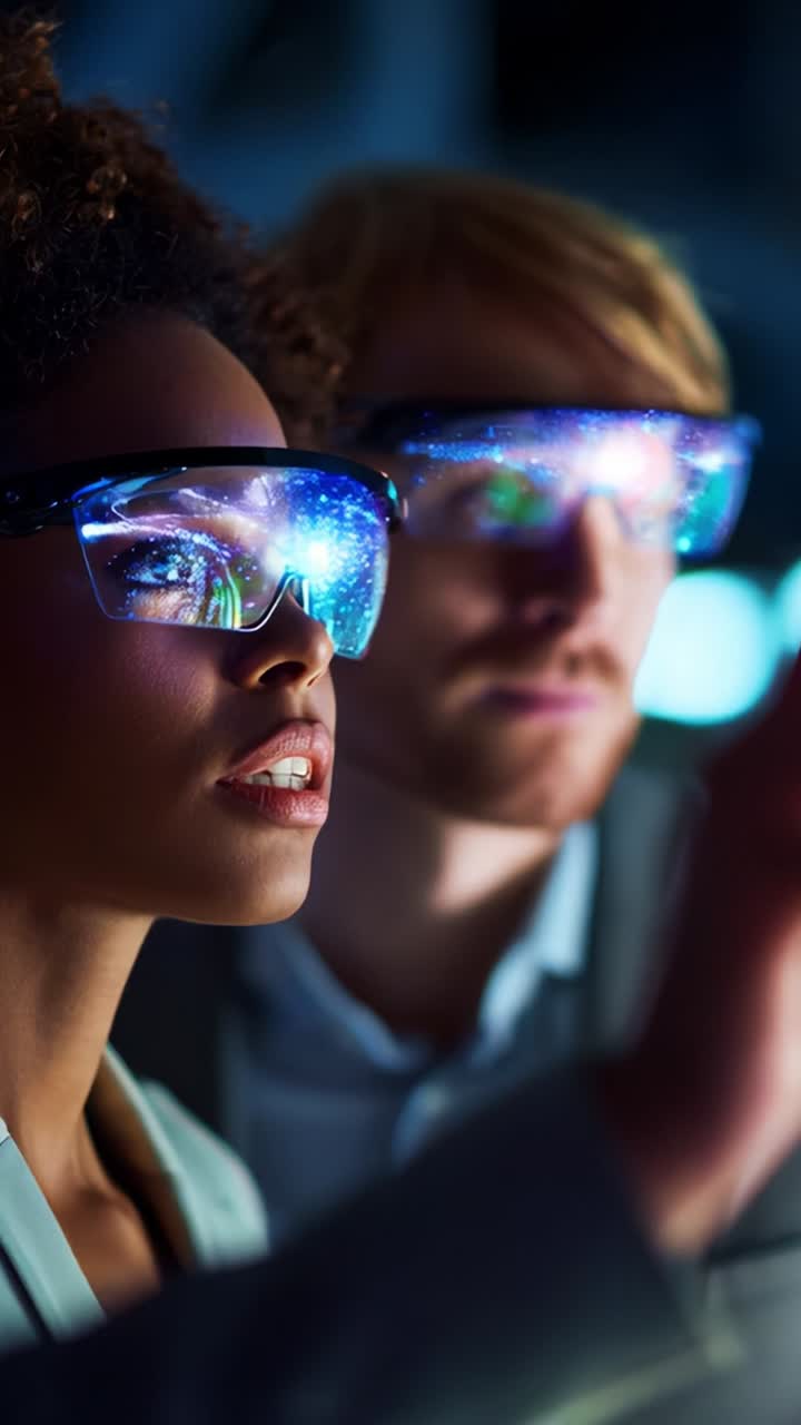 A captivated duo wearing futuristic smart glasses, immersed in a vibrant digital world that reflects innovation and technology in their expressions and surroundings