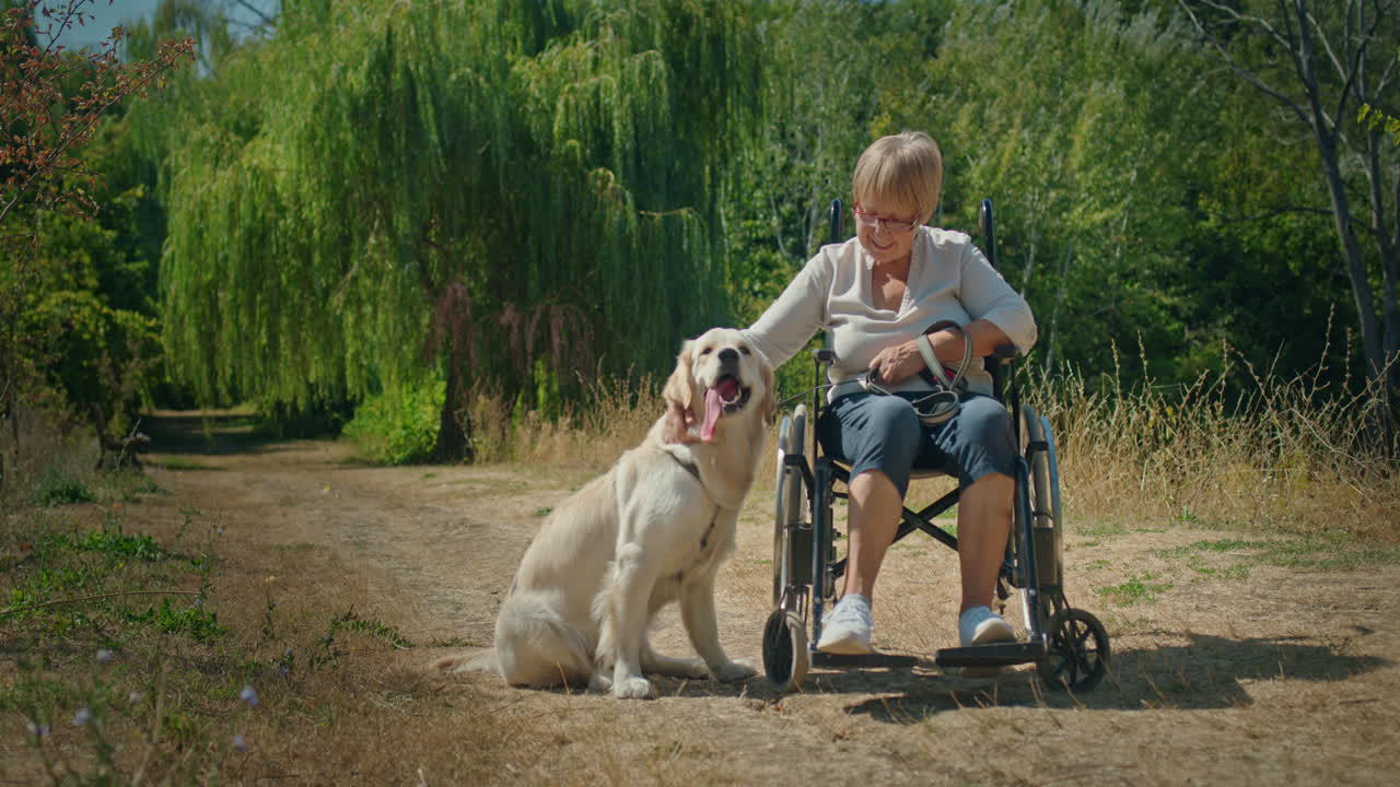 Elderly Woman in Wheelchair with Dog in Park