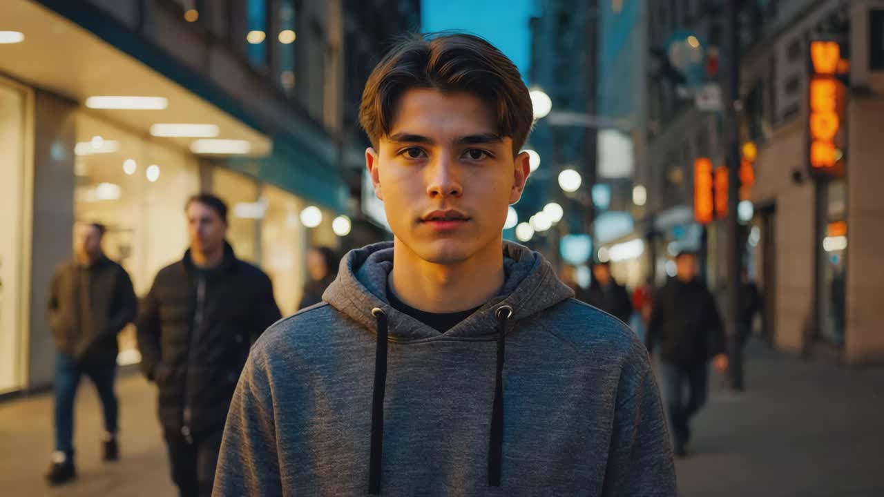 Man in a Gray Hoodie on a City Street