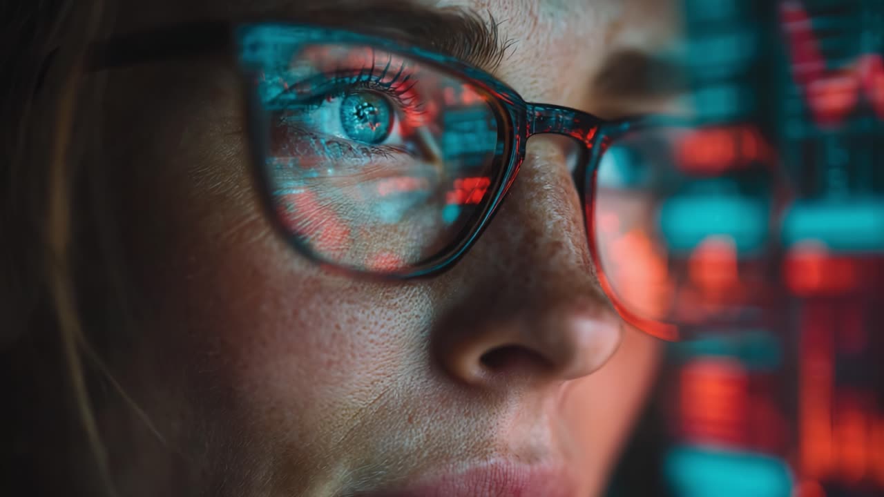 Focused Analysis: A Close-Up of a Person's Eye Behind Glasses with Digital Data Reflected, Capturing the Intensity of Modern Research and Insight in Progress
