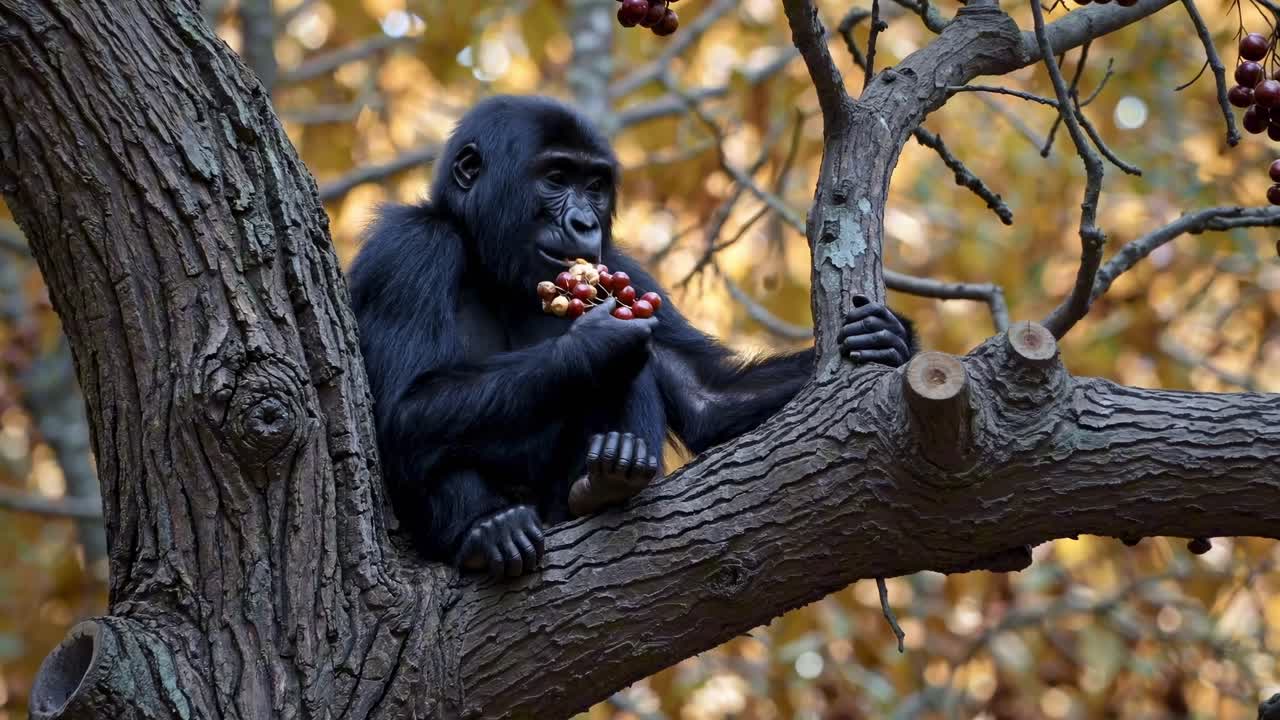 Un gorilla seduto su un ramo di un albero mentre mangia delle bacche, ripreso lateralmente da un certo angolo
