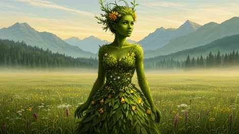 forest spirit emerges in a vibrant landscape with blooming flora and majestic mountains in the background