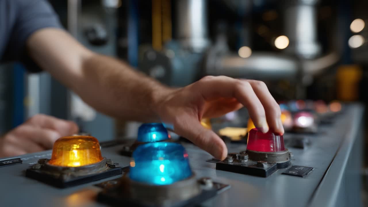 A close-up of a hand operating colorful control buttons on an industrial panel, showcasing vibrant lights and mechanical operation in a modern environment