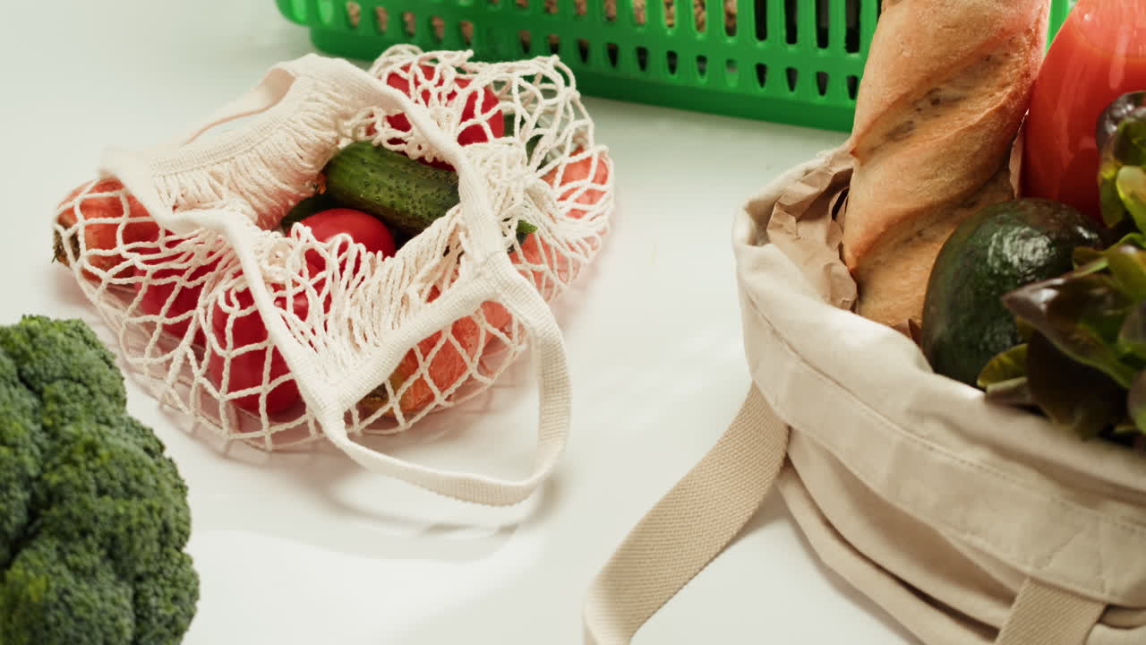 Fresh Produce and Bread in Reusable Bags